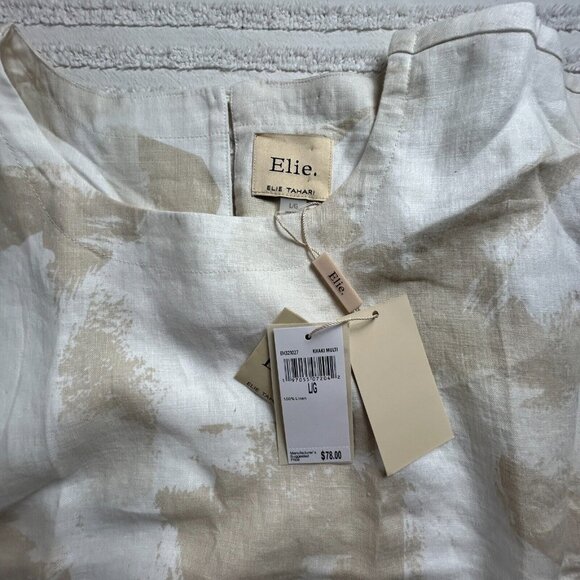 Elie Tahari Womens Large Khaki Printed Short Sleeve 100% Linen Top New MSRP $78 - Picture 3 of 8